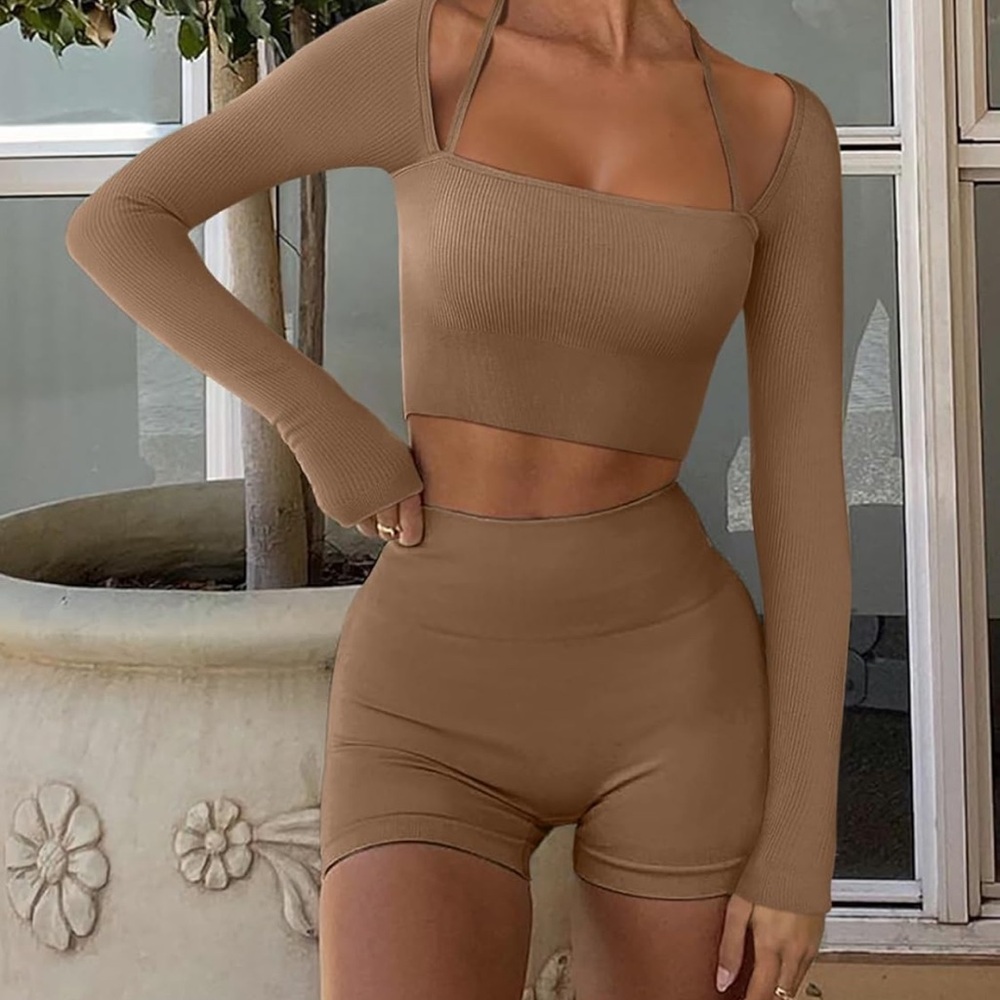 Brown Ribbed Long Sleeve Crop Top with built in bra